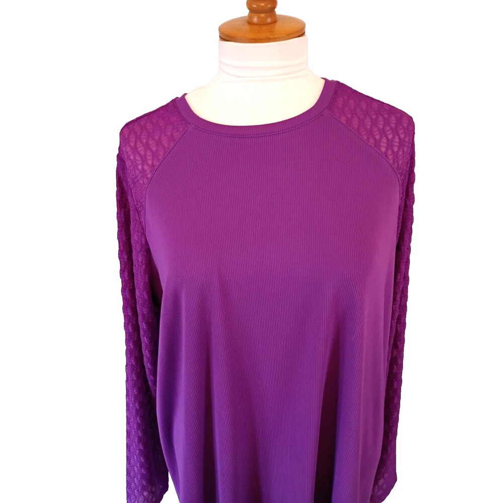 LOGO by Lori Goldstein Purple  Long Sleeve Rib & Lace mix Size 1X NEW